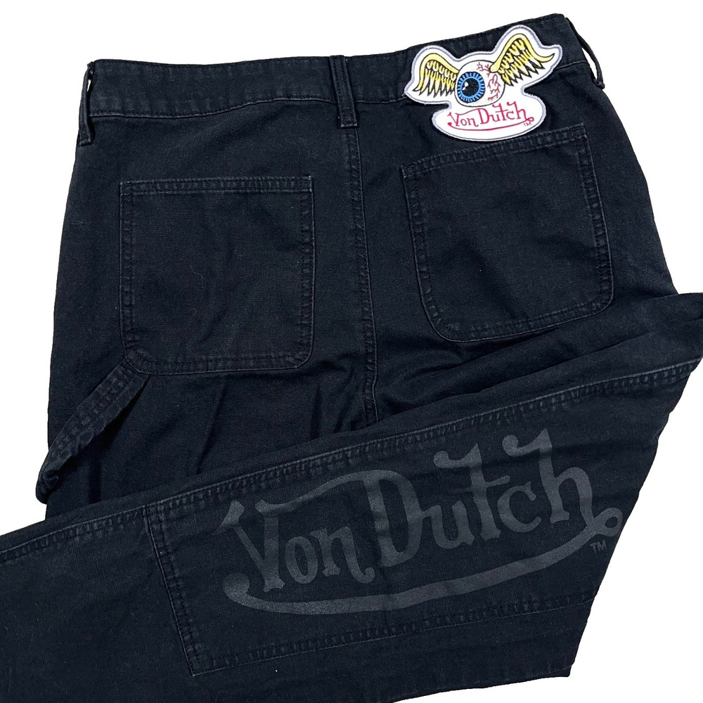 Von Dutch Carpenter Pants Men 30x30 Black Double Knee Patch Spellout Duck Canvas